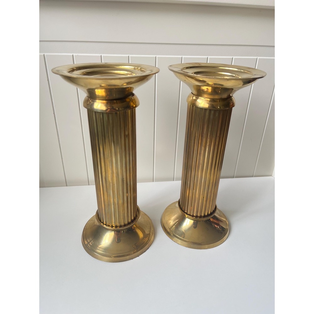 Solid Brass Pillar Taper Candleholders Fluted Ribbed Column Regency Style Deco